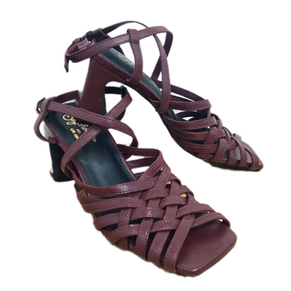 SEYCHELLE Burgundy Braided Leather Chunky Heel Sandal Strappy Woven‎ Size 6